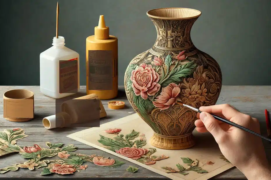 Jarrón viejo convertido en nuevo con decoupage