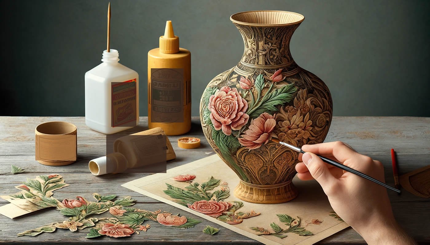 Jarrón viejo convertido en nuevo con decoupage