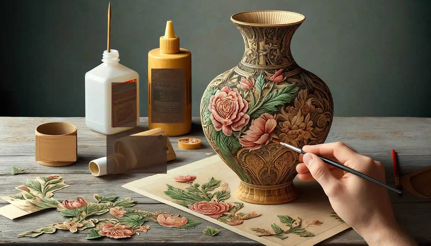 Jarrón viejo convertido en nuevo con decoupage