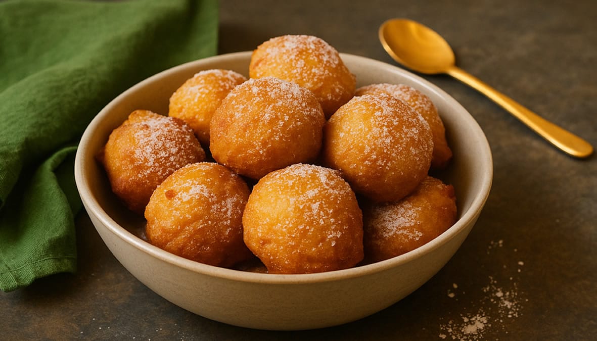 Buñuelos de calabaza caseros espolvoreados con azúcar en cuenco – receta paso a paso