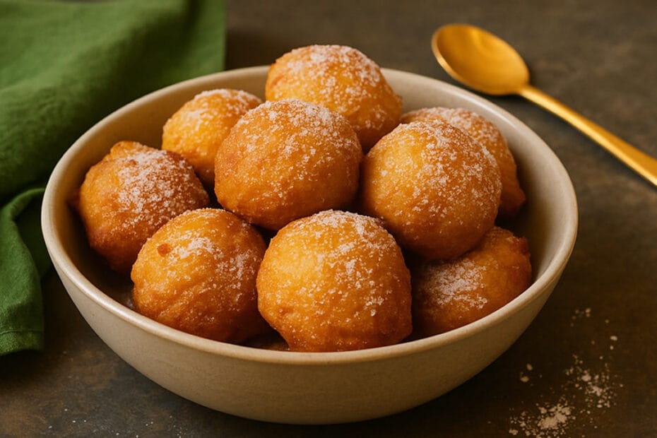 Buñuelos de calabaza caseros espolvoreados con azúcar en cuenco – receta paso a paso