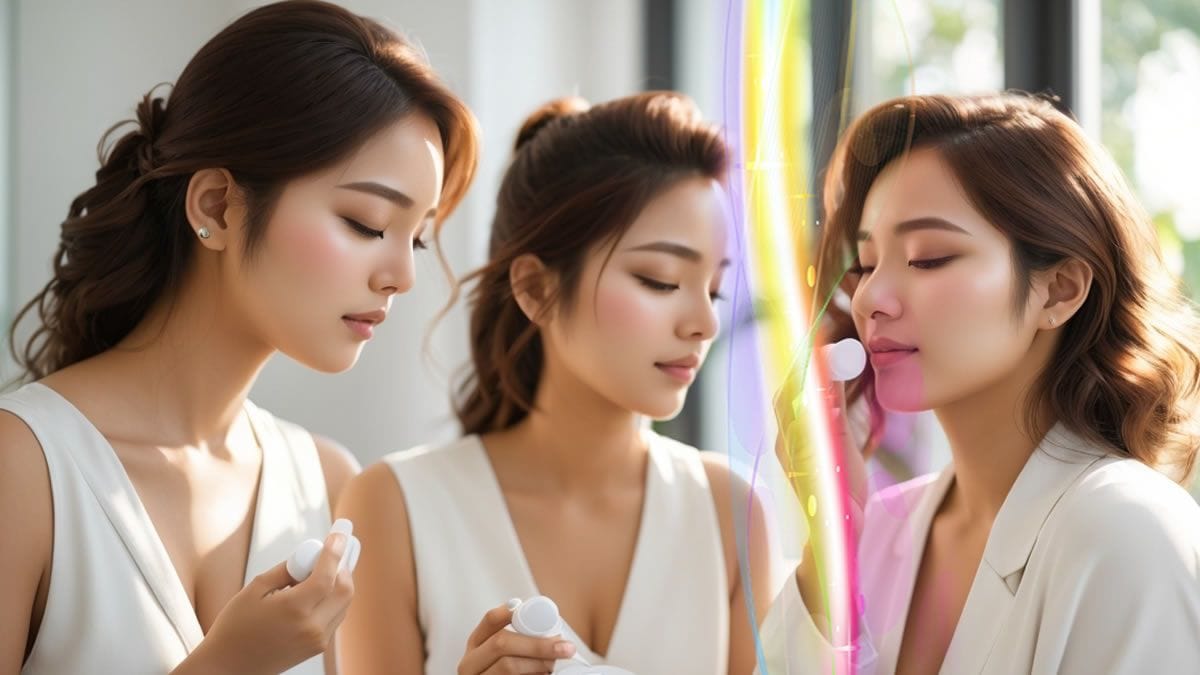 Mujer de 25, 40 y 50 años aplicando rutina facial coreana Tosowoong en un baño luminoso