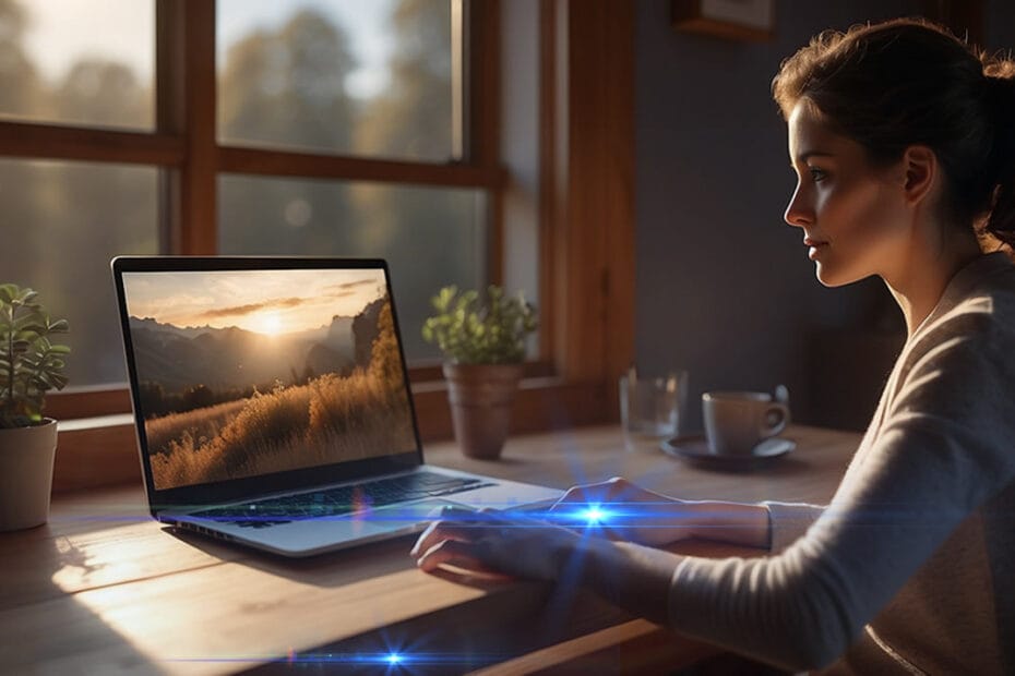 Mujer usando portátil con Copilot en Windows 11 activo en pantalla