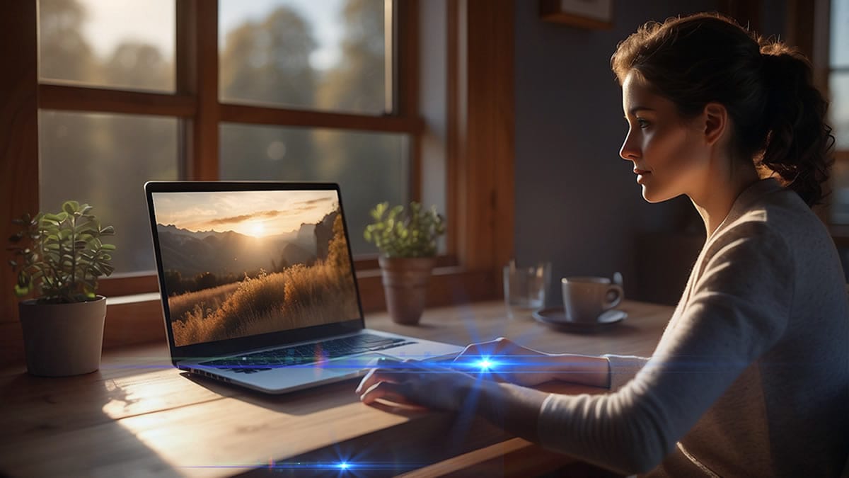 Mujer usando portátil con Copilot en Windows 11 activo en pantalla