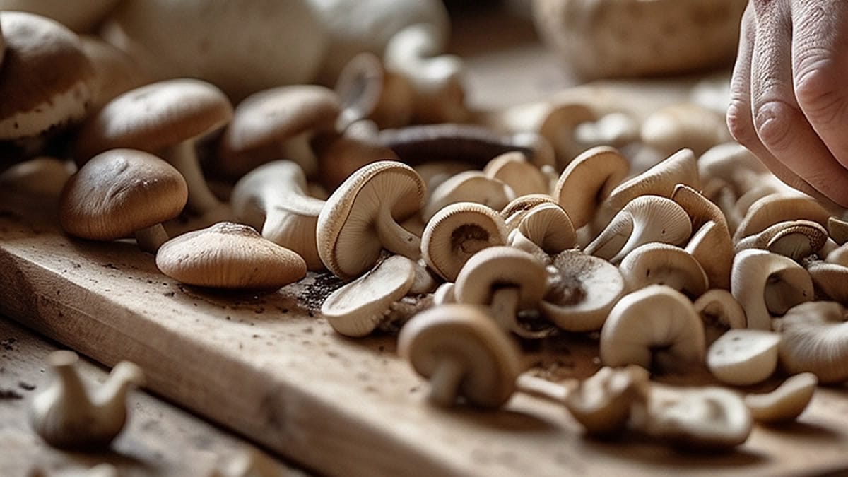 Proceso de limpieza de setas con cepillo suave y paño húmedo