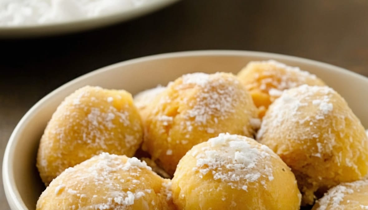 Receta de buñuelos de calabaza: bol con buñuelos dorados y azúcar glas Receta de buñuelos de calabaza: bol con buñuelos dorados y azúcar glas