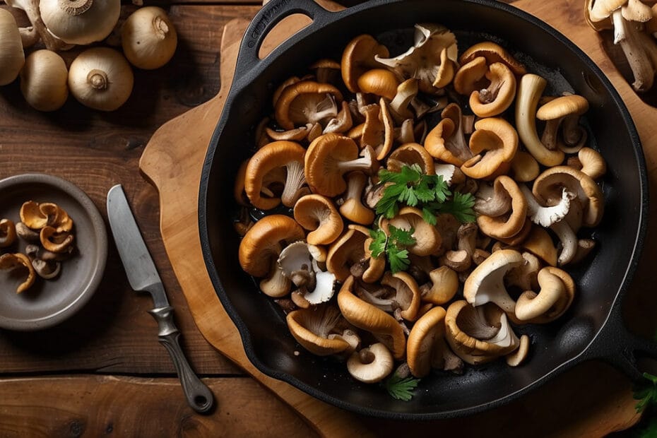 alteado de setas de temporada con ajo y perejil en sartén