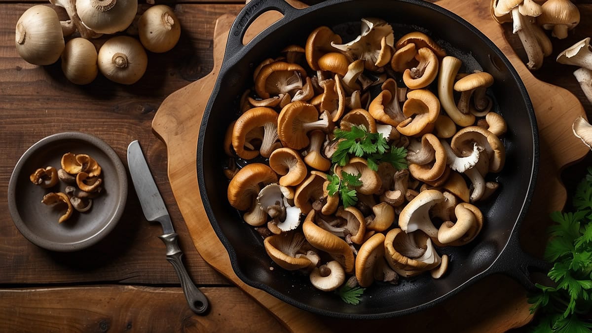 alteado de setas de temporada con ajo y perejil en sartén