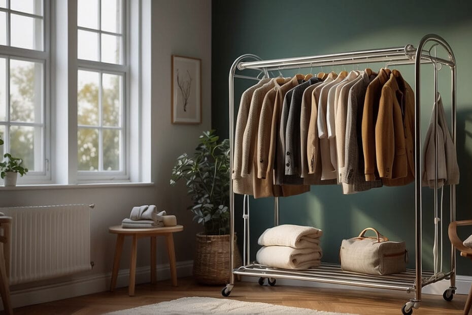 Tendedero eléctrico moderno en salón con ropa secándose en invierno