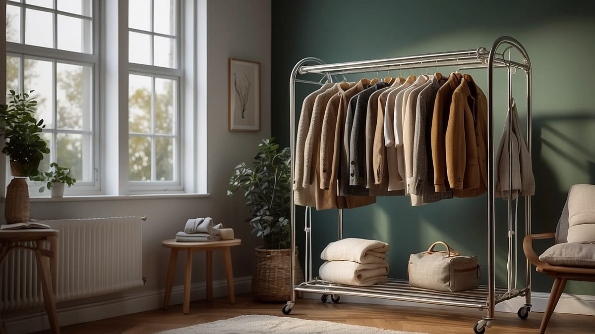 Tendedero eléctrico moderno en salón con ropa secándose en invierno