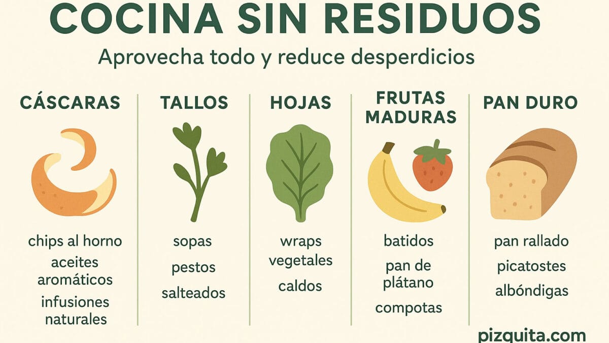 Infografía de cocina sin residuos que muestra cómo aprovechar cáscaras, tallos, hojas y sobras de alimentos para reducir desperdicios en casa.