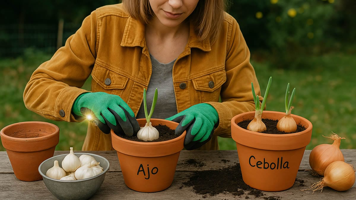 Germinación de ajos y cebollas en maceta de barro con brotes verdes bajo luz natural