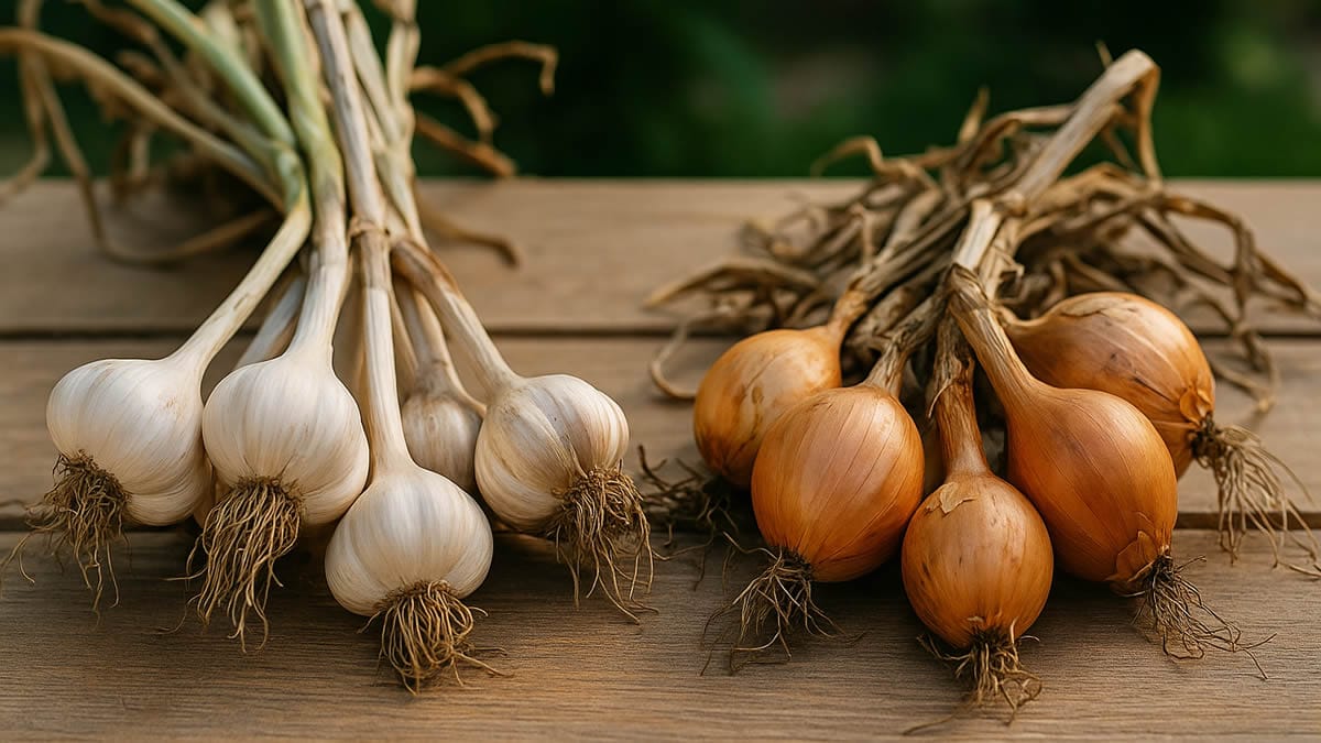 Cómo germinar ajo o cebolla en maceta. Ajos y cebollas recién cosechados en una terraza, secándose al aire sobre una mesa de madera