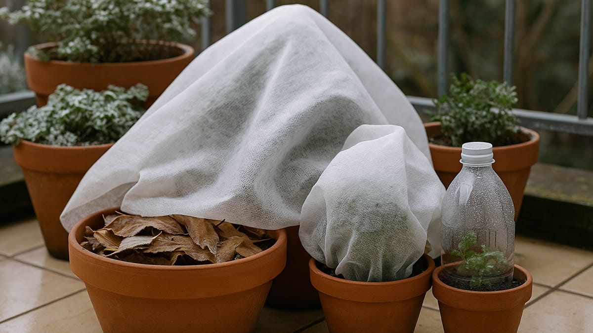 Macetas exteriores agrupadas y cubiertas con botellas, hojas secas y tela geotextil para proteger las plantas del frío sin gastar mucho