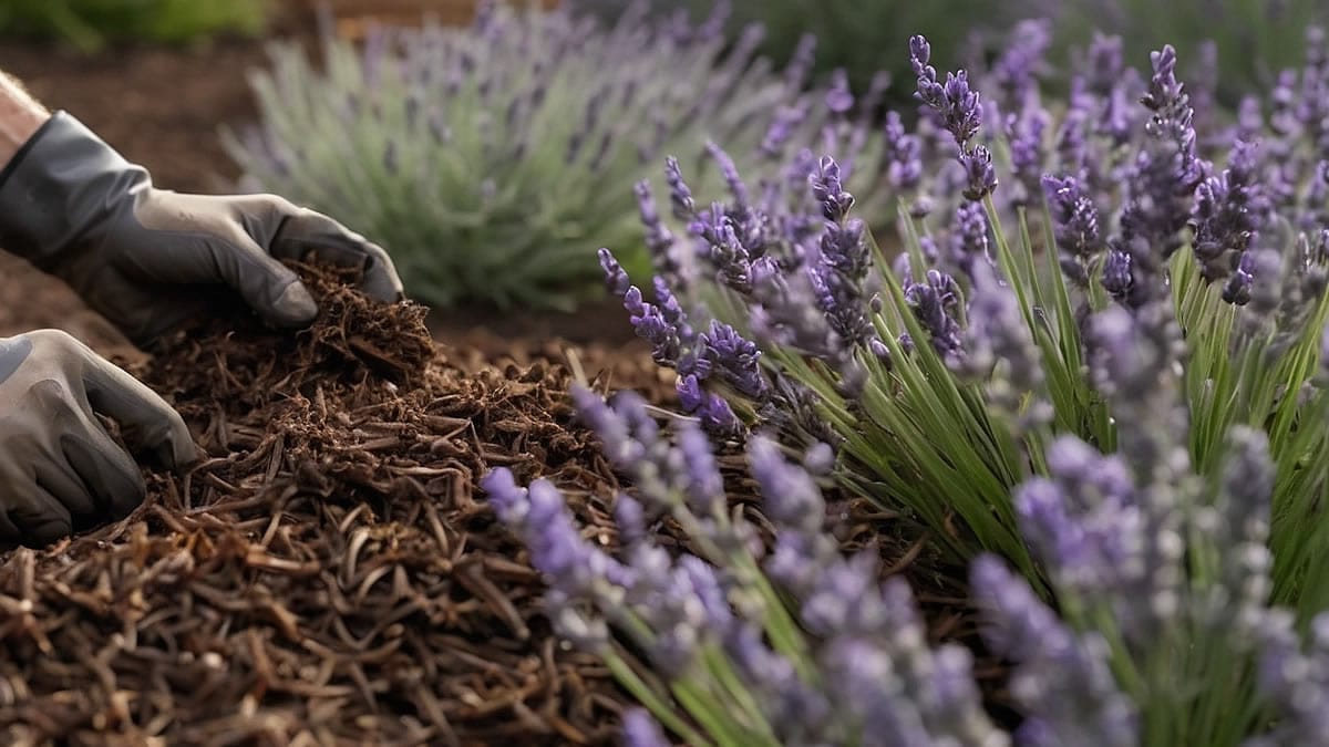 Xerojardineria: línea de riego por goteo de 16 mm bajo mantillo de virutas de madera orgánica junto a lavanda Xerojardineria: línea de riego por goteo de 16 mm bajo mantillo de virutas de madera orgánica junto a lavanda