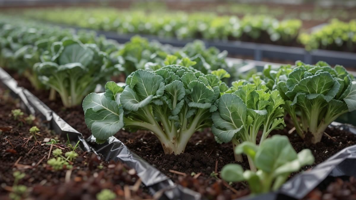 Primer plano de plantones de invierno (brócoli, lechuga de invierno, acelga) trasplantados en un bancal elevado bajo túnel bajo en diciembre en el norte de España.