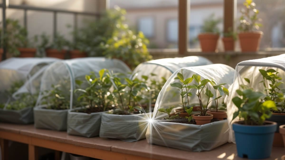 Plantas de jardín protegidas del frío con material reciclado en una terraza de invierno