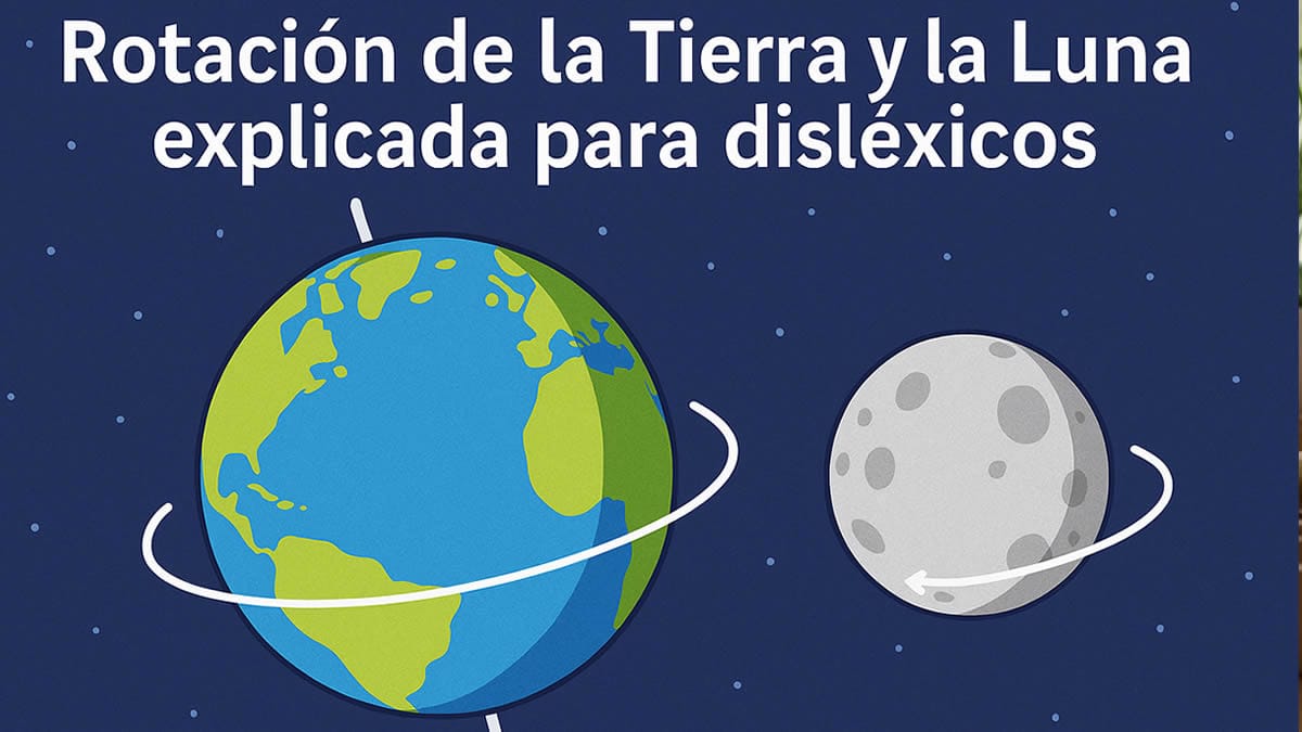 Ilustración educativa realista de la rotación de la Tierra y la Luna, explicada para niños y disléxicos.