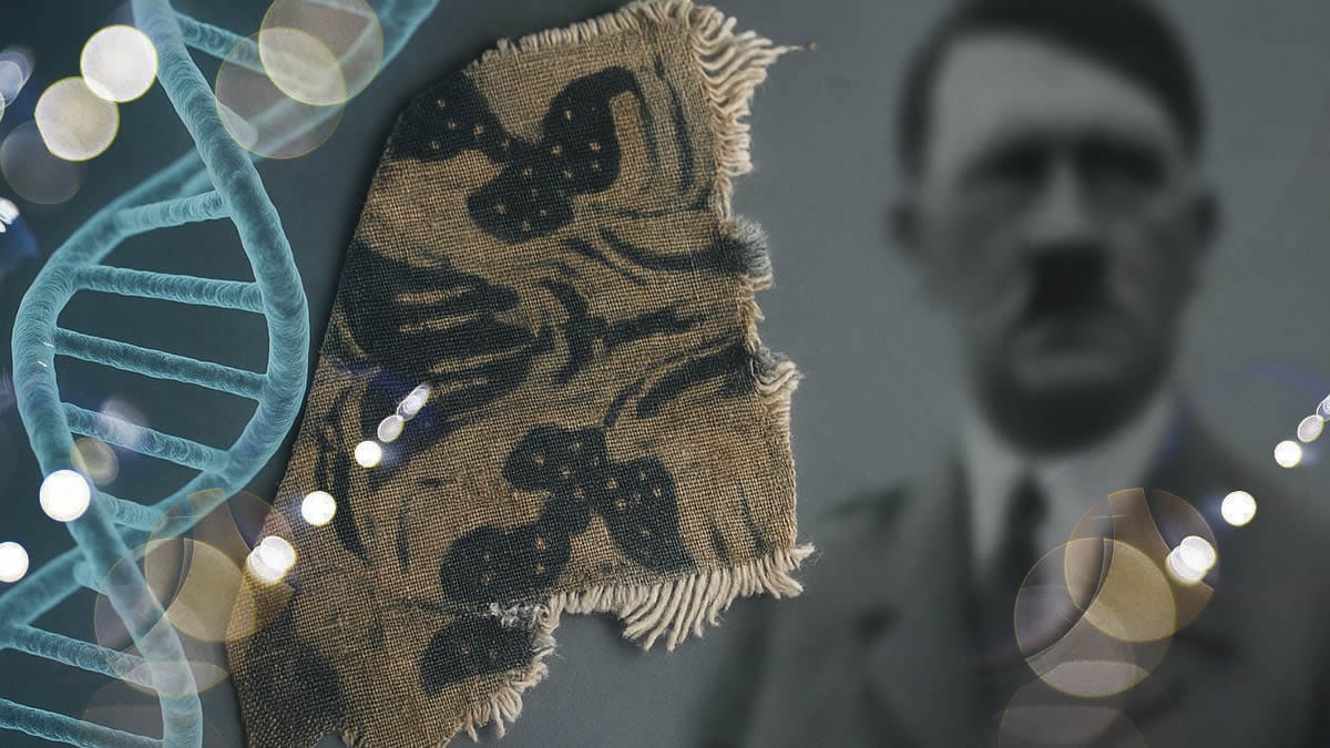 ADN de Hitler junto a muestra de tela y silueta borrosa en segundo plano