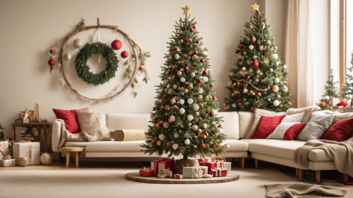 &Aacute;rbol de Navidad en el sal&oacute;n decorado con adornos hechos a mano con papel, cart&oacute;n, tela y detalles naturales reciclados