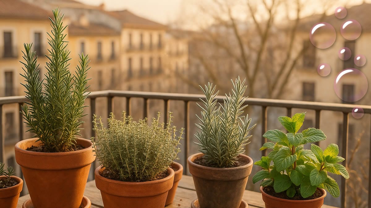 Aromáticas en invierno en macetas sobre una terraza soleada