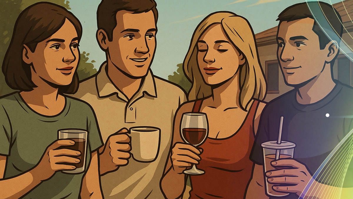 Grupo de amigos bebiendo café, vino y refrescos, bebidas que manchan los dientes y afectan al esmalte