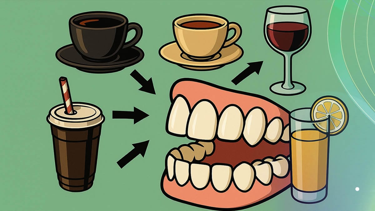 Dientes blancos rodeados de café, té, vino y refrescos, principales bebidas que manchan los dientes en el día a día
