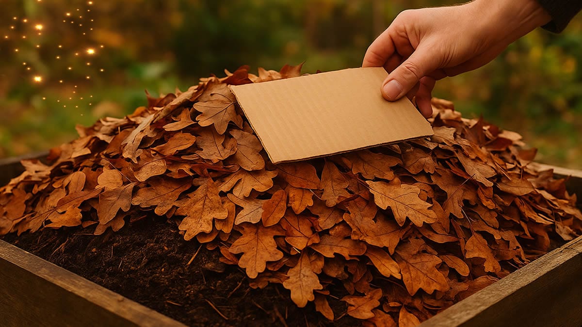 Capa de mantillo de hojas secas sobre compost en otoño