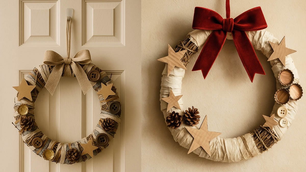 Dos coronas de Navidad recicladas hechas con tela, cart&oacute;n, pi&ntilde;as, botones y c&aacute;psulas sobre una puerta y una pared del sal&oacute;n.