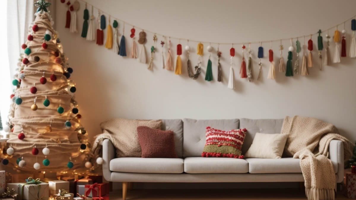 Guirnaldas navide&ntilde;as hechas con papel reciclado y pompones de lana colgados.