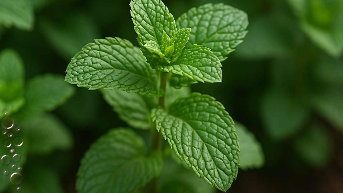 Hierbabuena en invierno con hojas verdes y sanas
