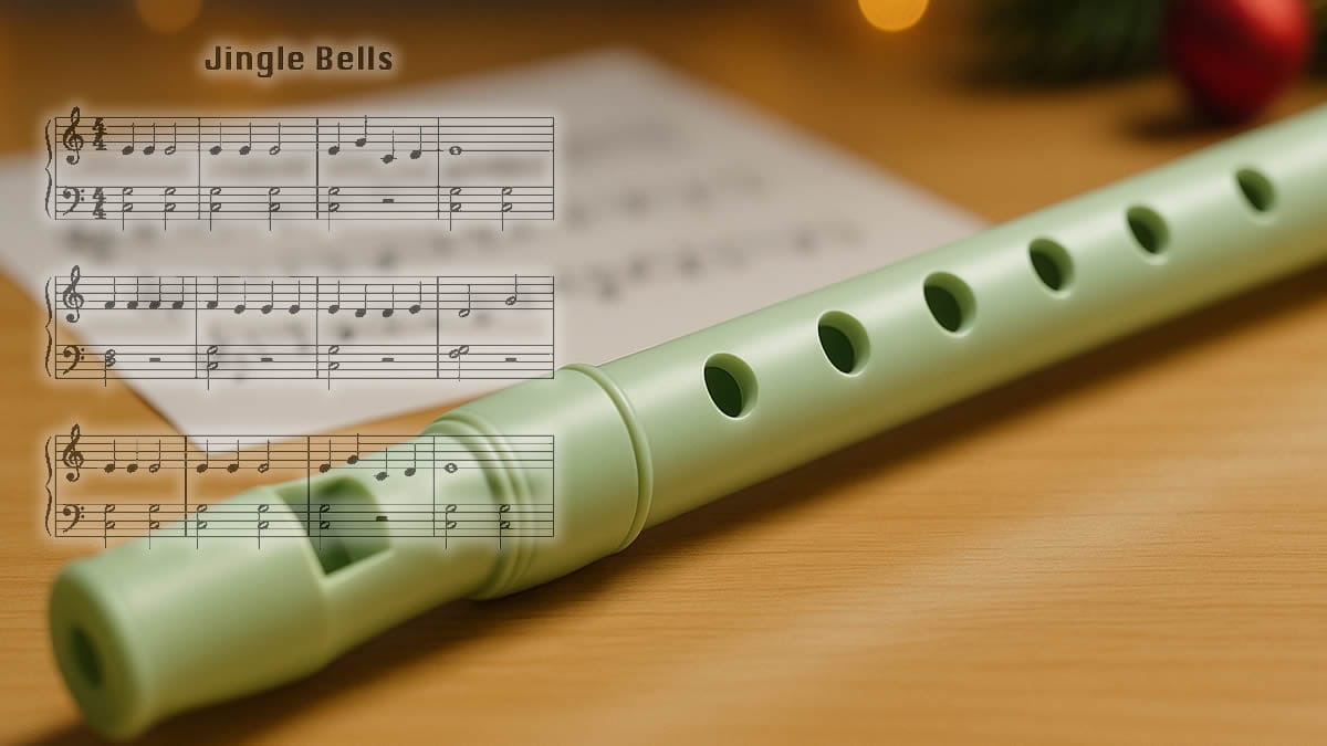 Flauta dulce infantil verde sobre una mesa de madera con fondo navideño para aprender Jingle Bells en flauta para niños.