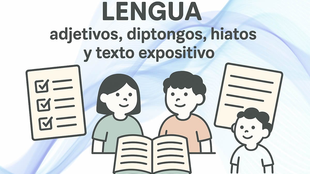 Ilustración de niños estudiando lengua con adjetivos, diptongos, hiatos y texto expositivo
