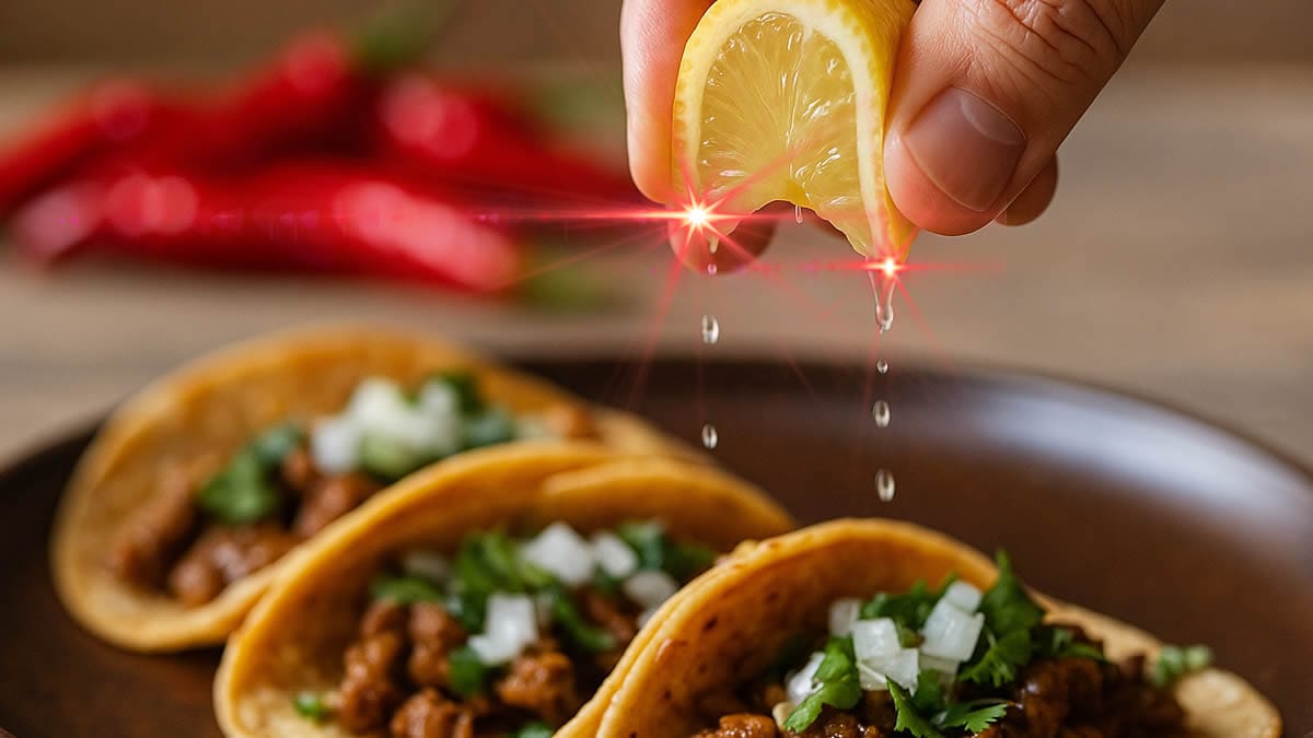 Mano exprime una lima sobre tacos; chiles desenfocados al fondo