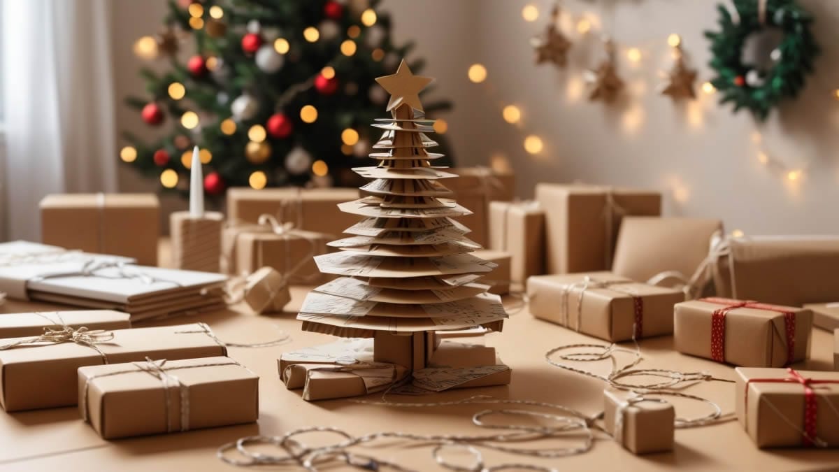 Adornos navide&ntilde;os hechos con papel y cart&oacute;n reciclado sobre una mesa de manualidades en el sal&oacute;n