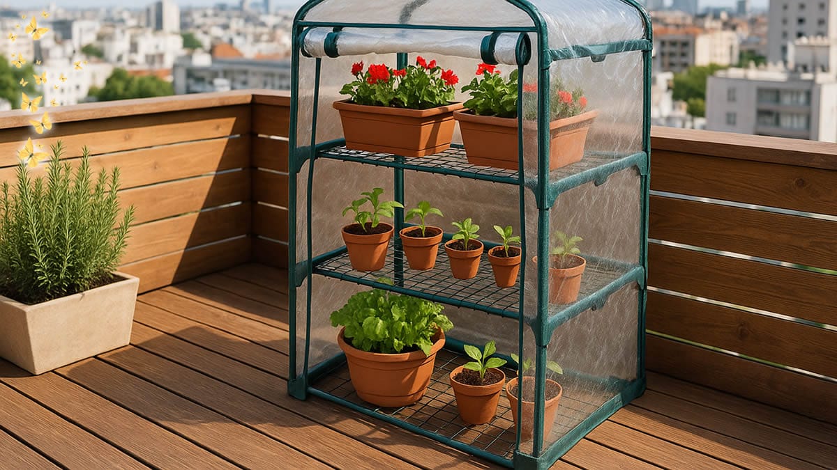 Mini invernadero para terraza de tres baldas con hortalizas de invierno