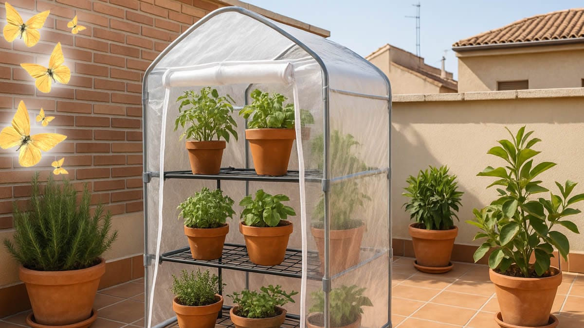 Mini invernadero para terraza con macetas de hortalizas de invierno