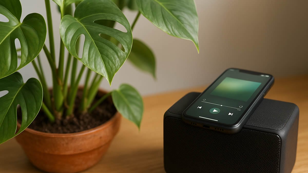 Música para plantas con monstera en maceta y altavoz sobre mesa de madera