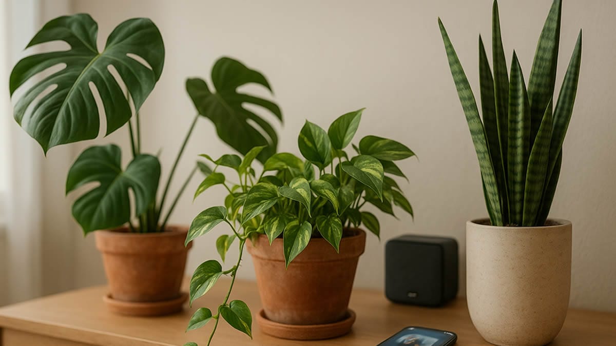 Música para plantas en salón luminoso con varias macetas de interior