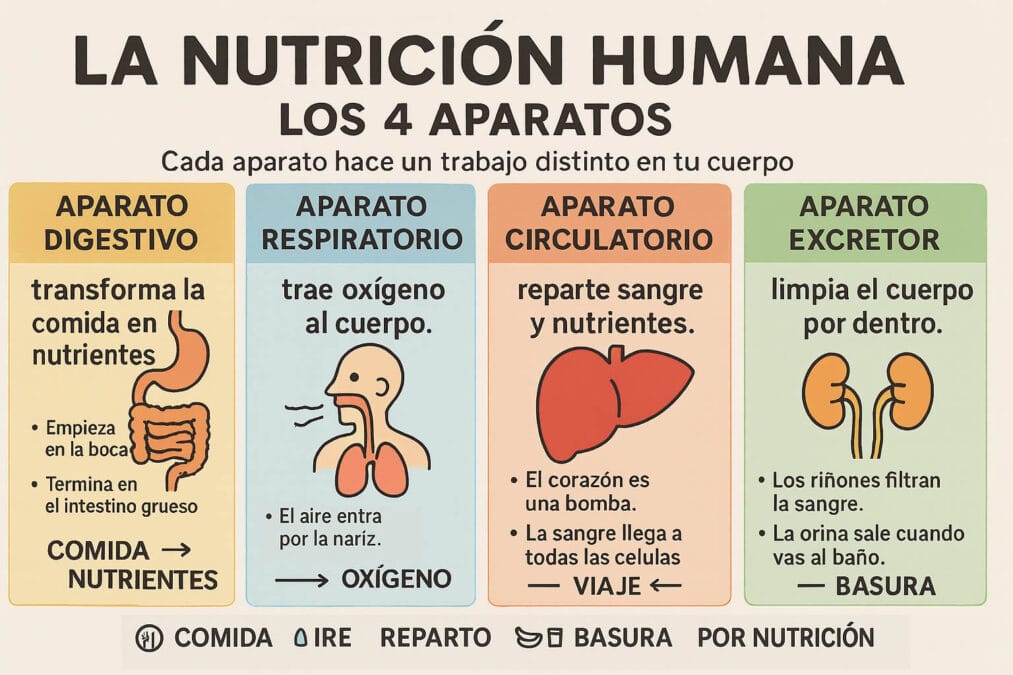 Póster de nutrición humana de 4º de primaria con los aparatos digestivo, respiratorio, circulatorio y excretor