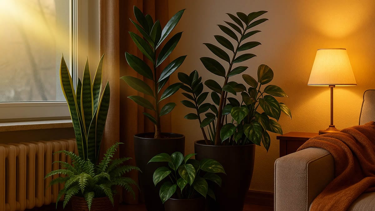 Rincón de salón en invierno con plantas de interior con poca luz junto a una ventana suave