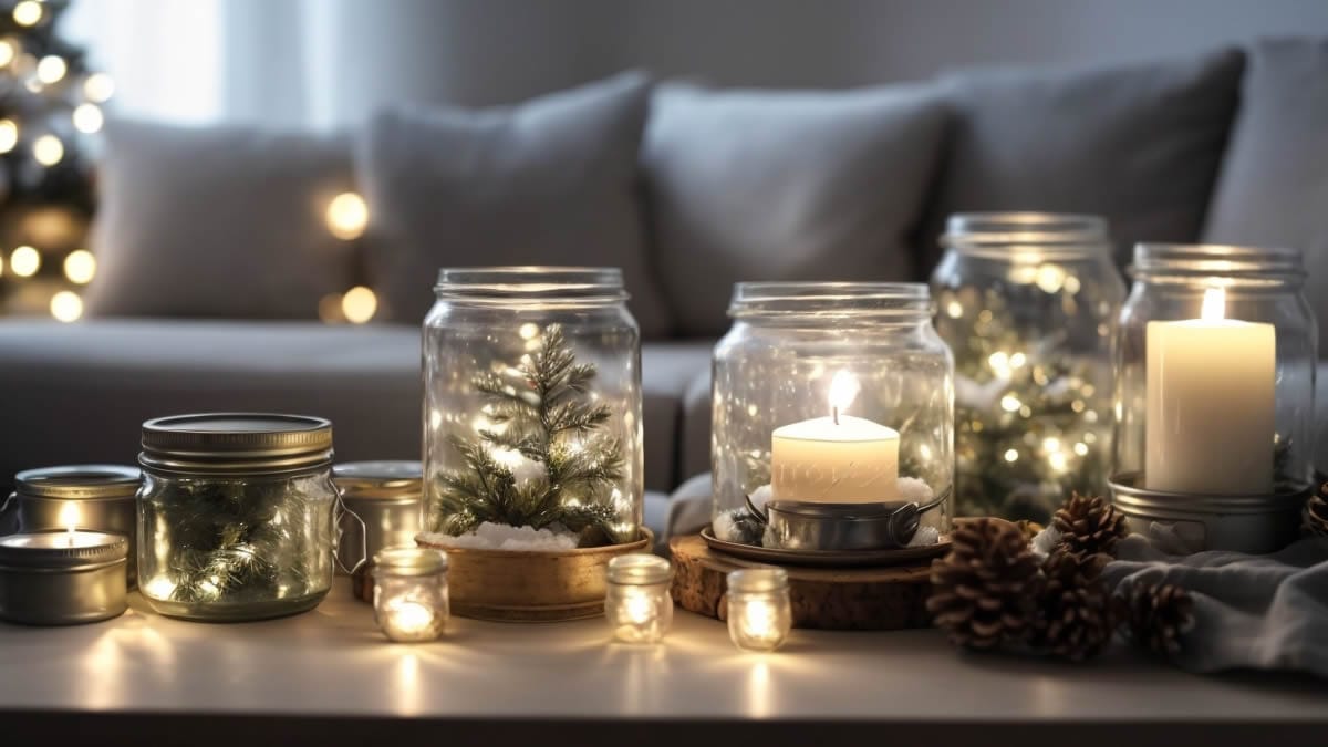 Centro de mesa navide&ntilde;o con tarros de cristal, botellas y latas recicladas decorando la mesa del sal&oacute;n.