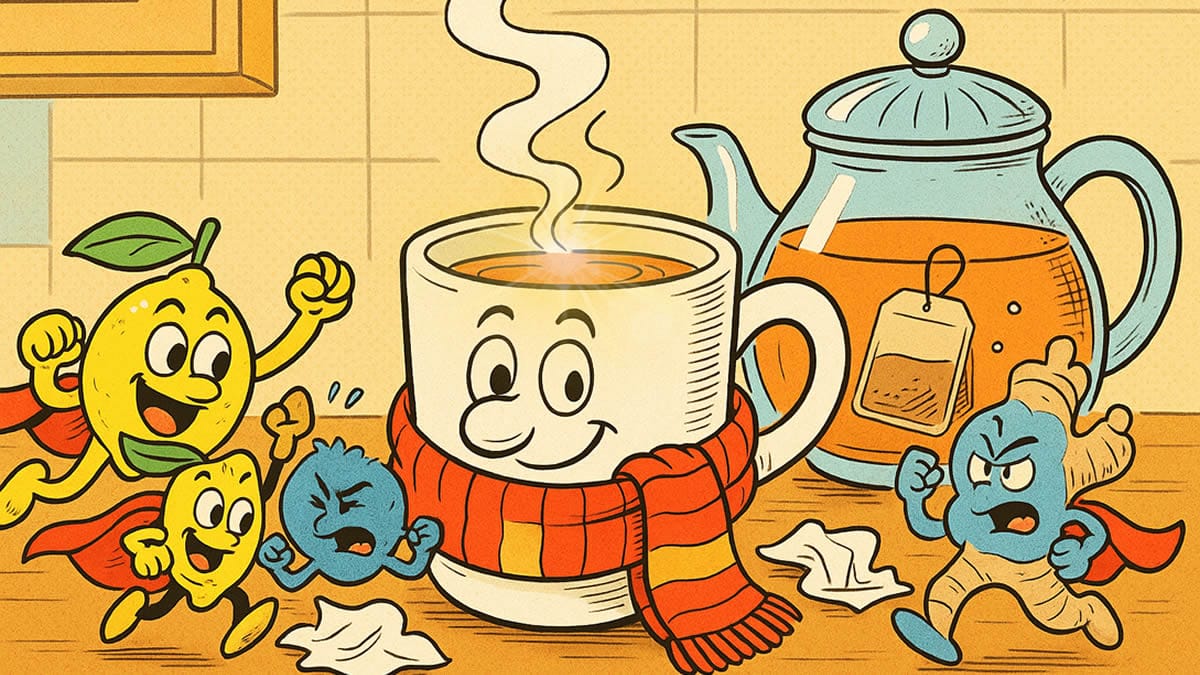 Taza de té con bufanda y personajes de limón y jengibre luchando contra el germen del resfriado