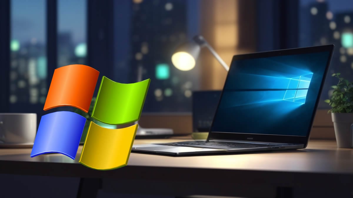 Windows 10 después de 2025 en un portátil sobre un escritorio moderno de noche