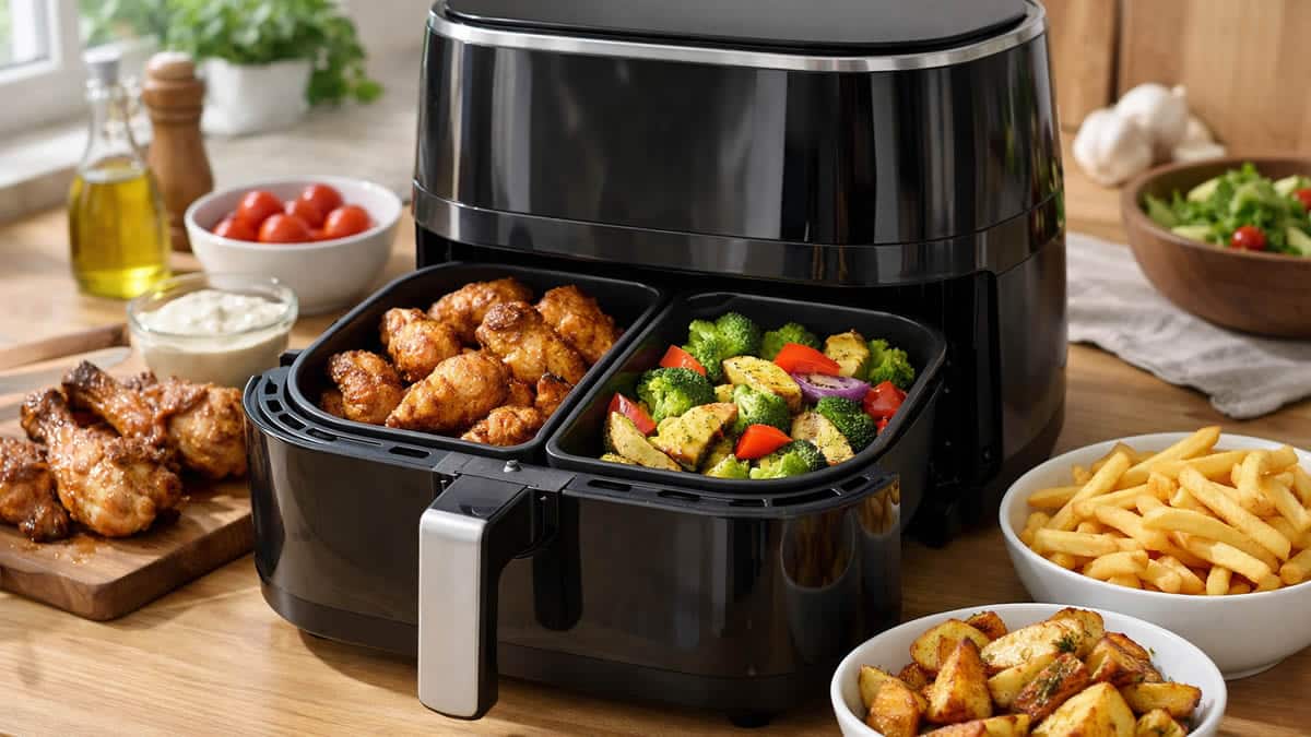 Freidora de aire con alimentos listos