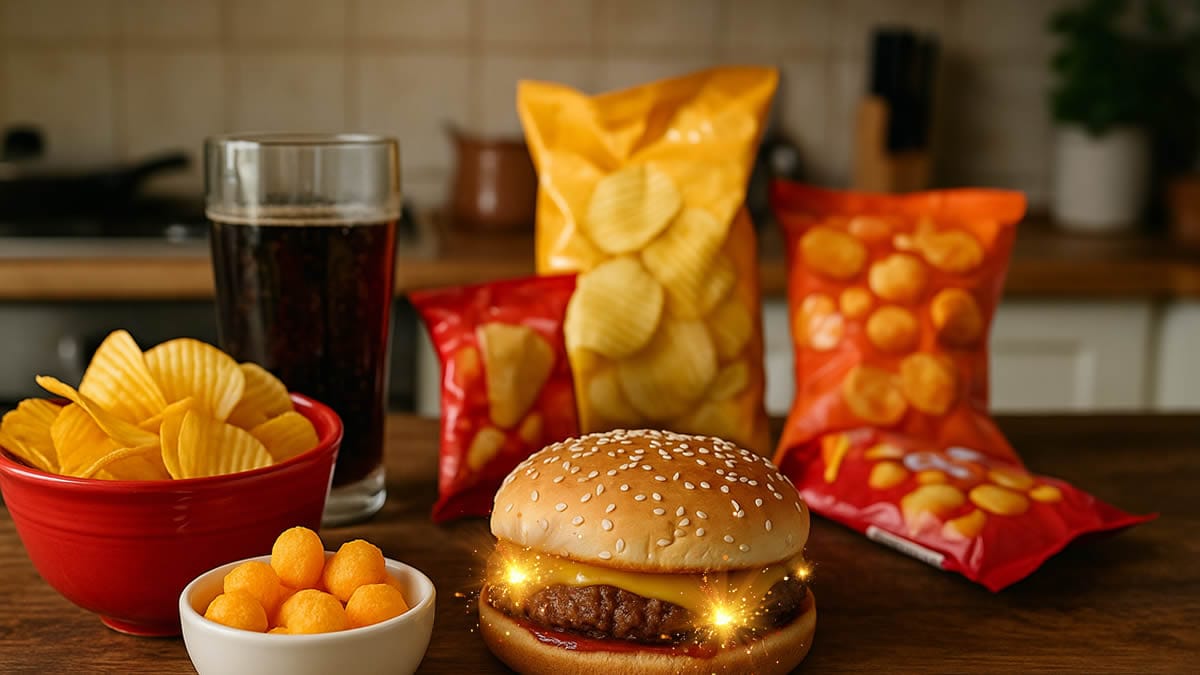 Alimentos ultraprocesados y salud comparados en un plato sobre una mesa de cocina