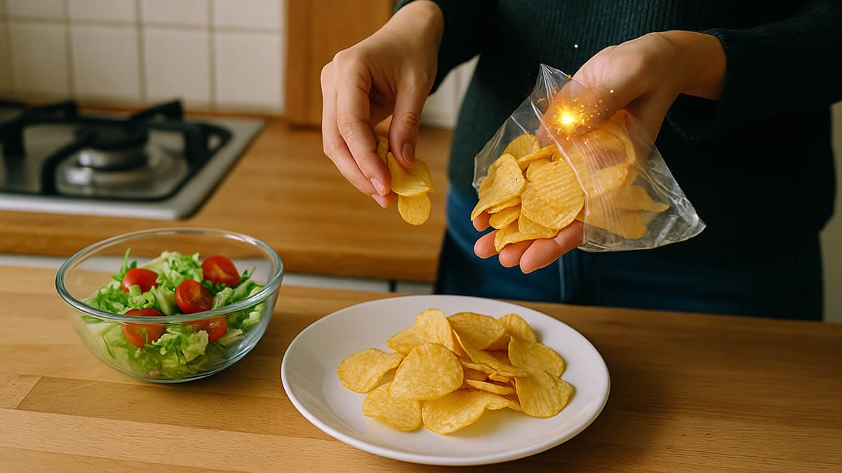 Manos sirviendo patatas fritas de bolsa en un plato junto a una ensalada como contraste