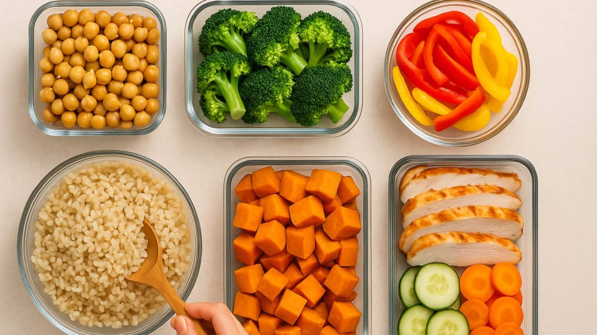 Vista cenital de varios recipientes de cristal con garbanzos, brócoli, boniato, pollo a la plancha y verduras de colores listos como bases de batch cooking saludable.