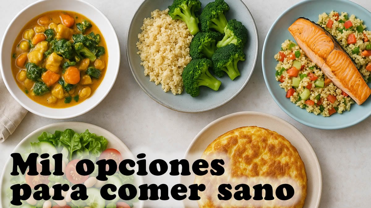 Vista cenital de varios platos ya servidos con tortilla, ensalada, guiso de garbanzos, salmón con cuscús y brócoli como ejemplos de batch cooking saludable preparado.