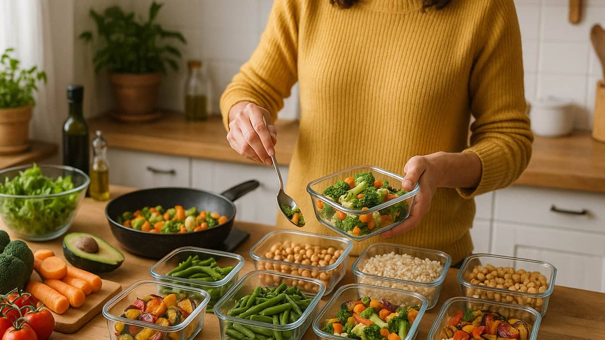 Mujer rellenando táperes de cristal con verduras al vapor y cereales integrales en una cocina luminosa mientras organiza el batch cooking saludable para la semana.